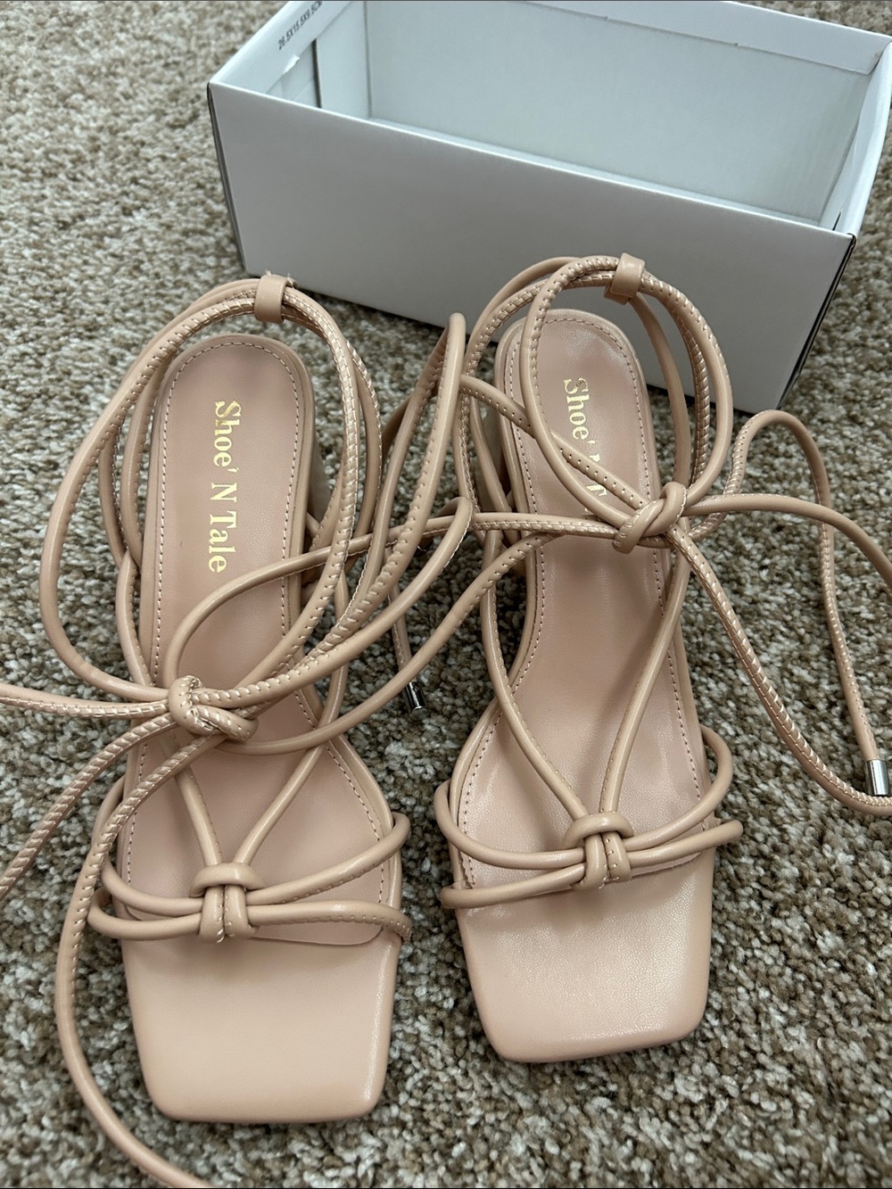 ShoeNTale Blush Nude Lace-Up Square Toe Heels